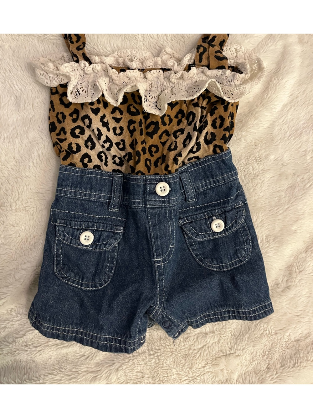 Leopard Print Lace-Trim Romper with Denim Shorts - Brown & Blue